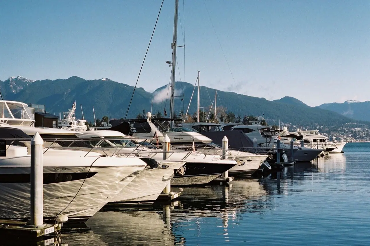 Yachts in slips at Coal Harbour in Vancouver