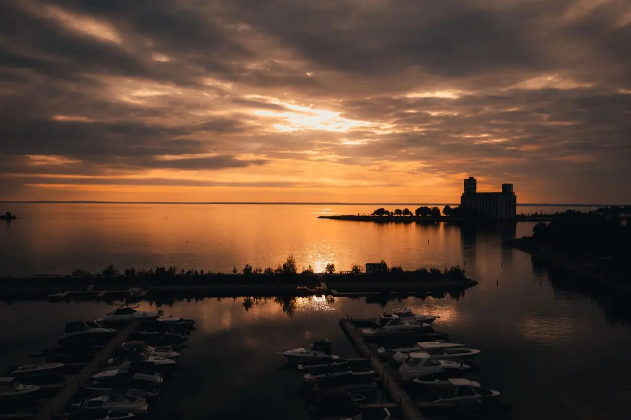 Sunrise over boats in Collingwood harbour on Georgian Bay