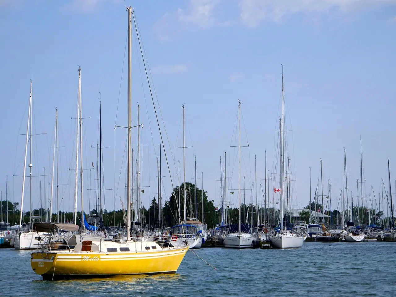 A yellow sailboat on a mooring in Toronto harbour